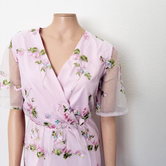 [Shein] Light Pink Floral Embroidered V-Neck Mesh Maxi Dress Wedding NEW Size XL - Picture 6 of 12